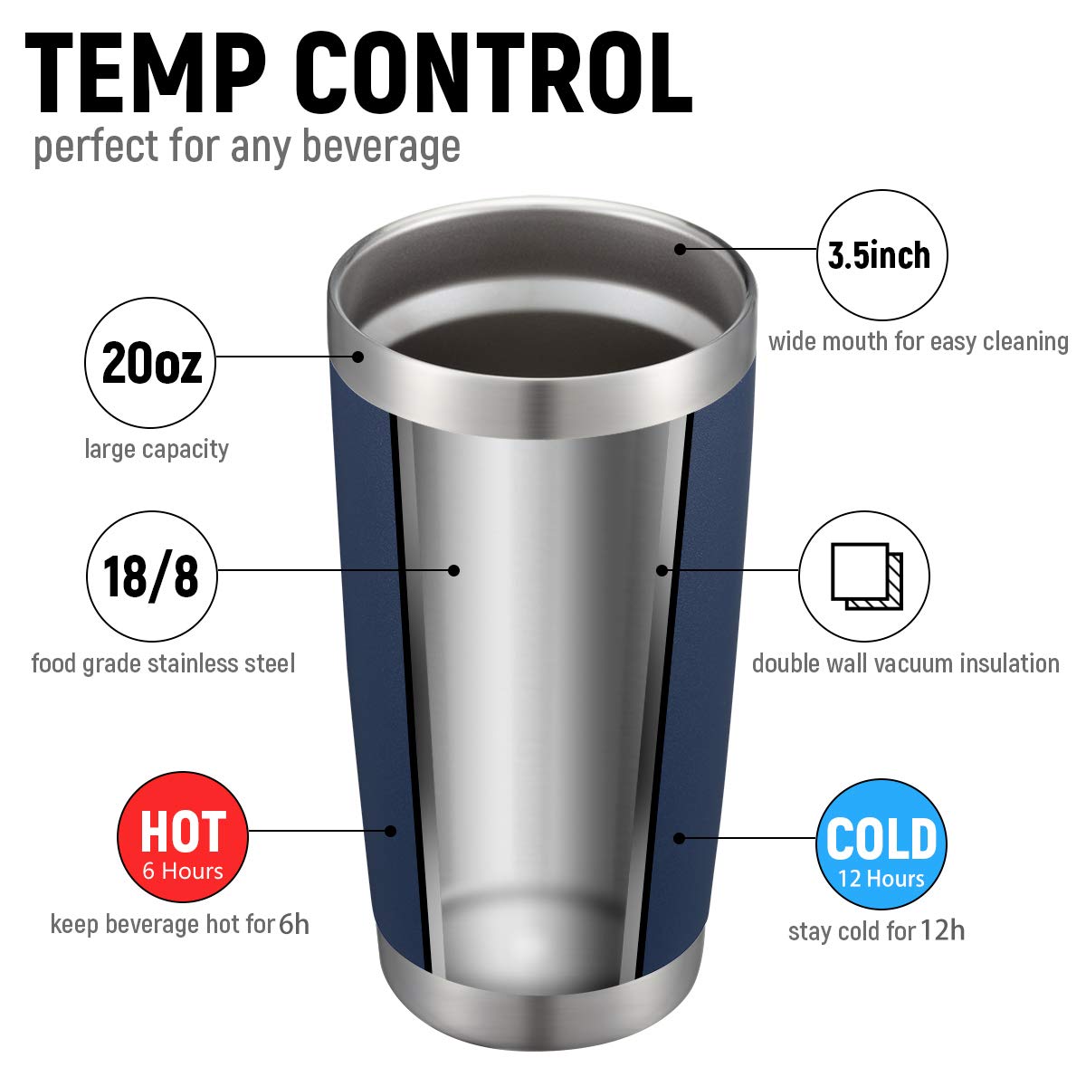 COMOOO 20oz Double Wall Vacuum Insulated Travel Mug Bulk Stainless Steel Tumbler with Lid and Straw Durable Powder Coated Insulated Coffee Cup for Cold & Hot Drinks (Navy, 12 pack