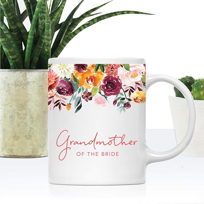 Andaz Press 11oz. Wedding Ceramic Coffee Tea Mug Gift, Fall Autumn Burgundy Orange Peach Flowers Roses Florals, Grandmother of the Bride, 1-Pack, Includes Gift Box