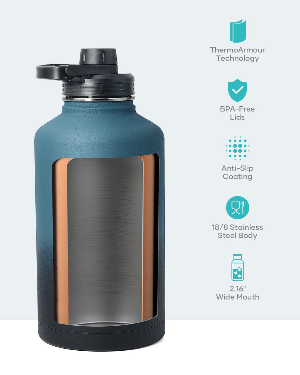 BUZIO Half Gallon Water Jug Insulated Stainless Steel (Cold for 48 Hrs)