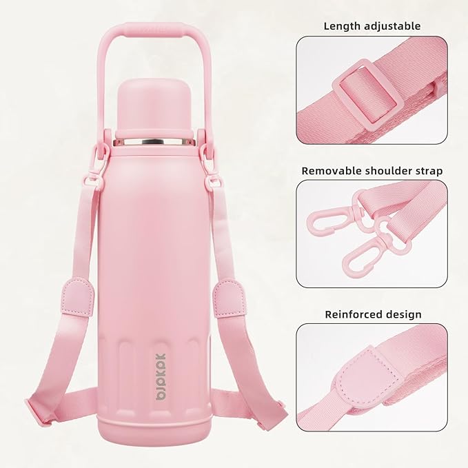 BJPKPK Insulated Water Bottle 50oz Stainless Steel Water Bottles Disherwahser Safe with Handle and Lid Travel Metal Thermos,Light Pink
