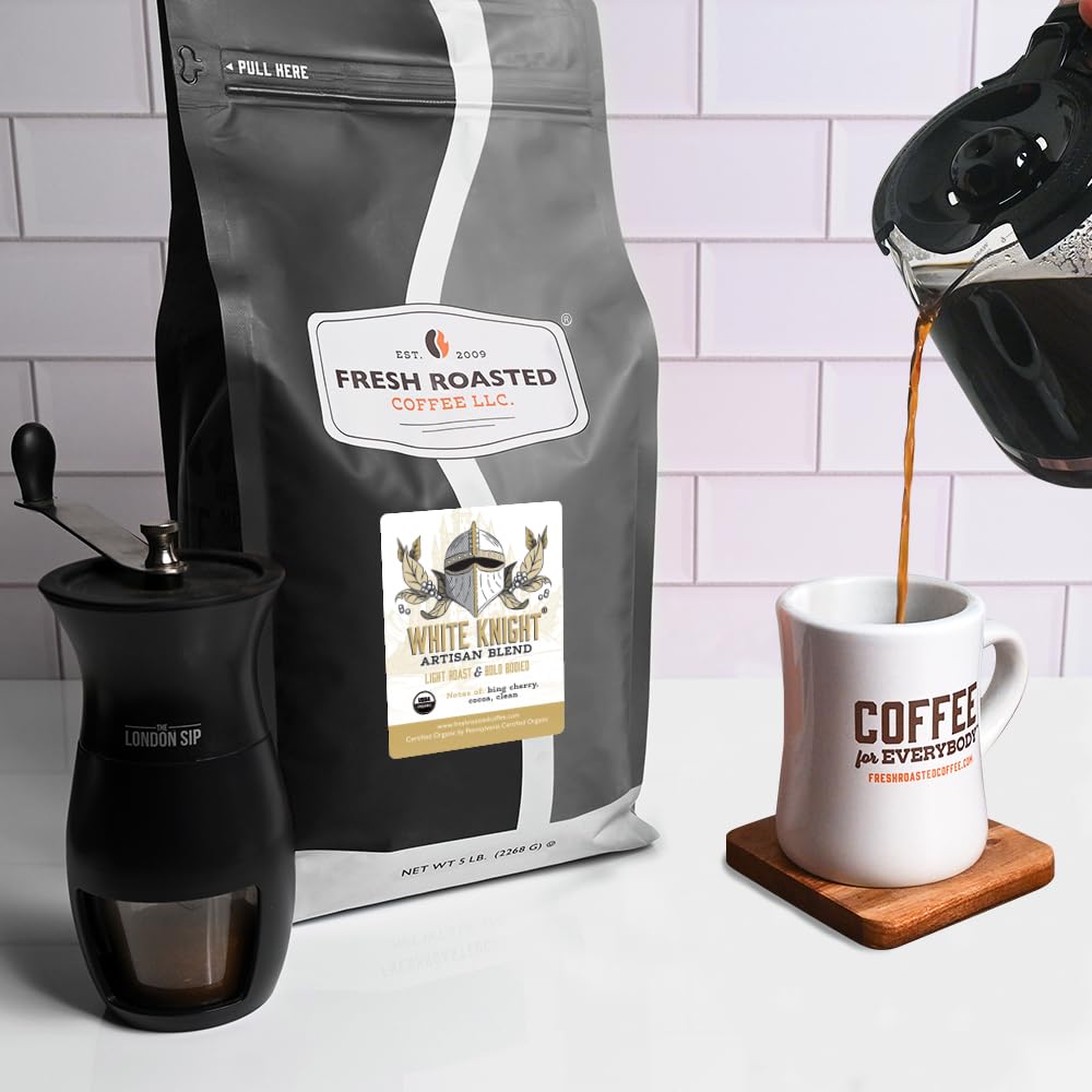 Fresh Roasted Coffee, Organic White Knight Whole Bean Coffee, Light Roast, USDA Organic, Kosher, 5 lb (80 oz)