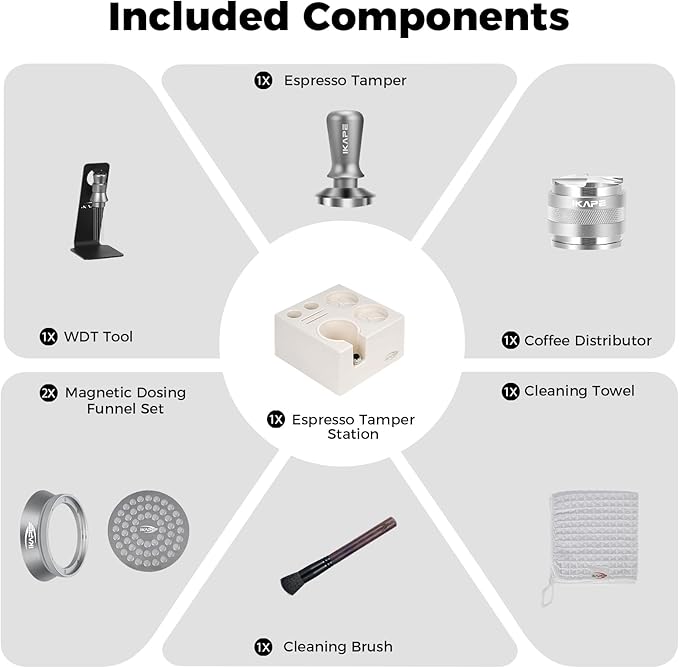 IKAPE 58MM Espresso Tamper Kit Silver 8 IN 1, Coffee Tamper Set comprising a Tamper, Distributor, Magnetic Dosing Funnel, Puck Screen, Station, WDT Tool, along with a Cleaning Towel and Brush