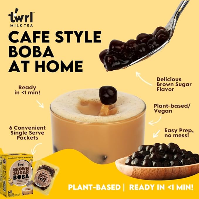 Twrl Brown Sugar Boba Bubble Tea Toppings - Taiwanese Boba Pearls, Cafe-Style Tapioca Milk Tea Topping, Instant - Perfect for Milk Tea and Coffee, Gluten-Free, Plant-Based - Pack of 6 Single Servings