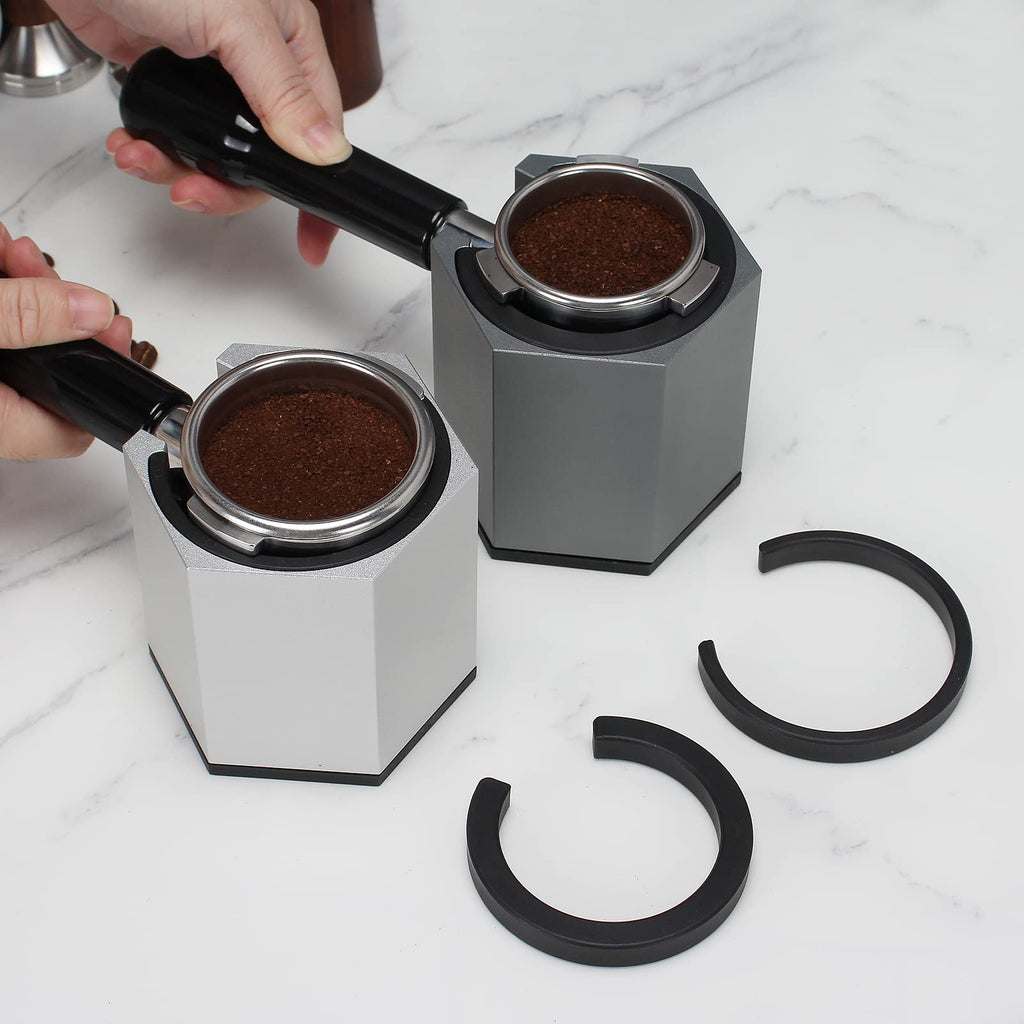 DIBTSA Espresso Tamping Station, Coffee Portafilter Holder, Aluminum Alloy Stand for Most 51mm, 53mm, 54mm, 58mm Coffee Portafilter (Hexagon,Silver)