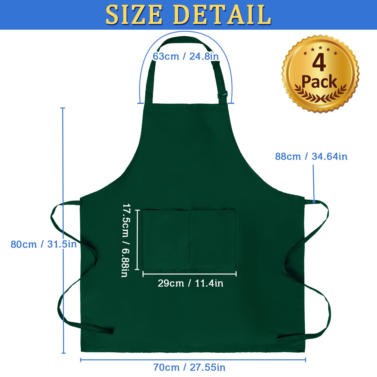 FunChaos 4 Pack Chef Apron, Adjustable Apron with 2 Pockets, Unisex Personalised Apron for Cooking, Kitchen, Restaurant (Green)