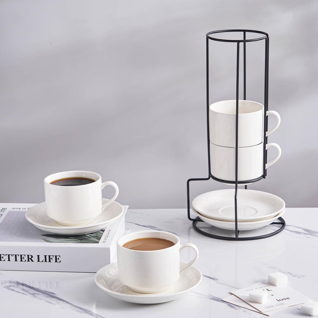 YOLIFE 8oz Porcelain Stackable Cappuccino Cups with Saucers and Metal Stand Set of 4, Coffee cups for Espresso, Specialty Coffee Drinks, Latte, Americano and Tea - White