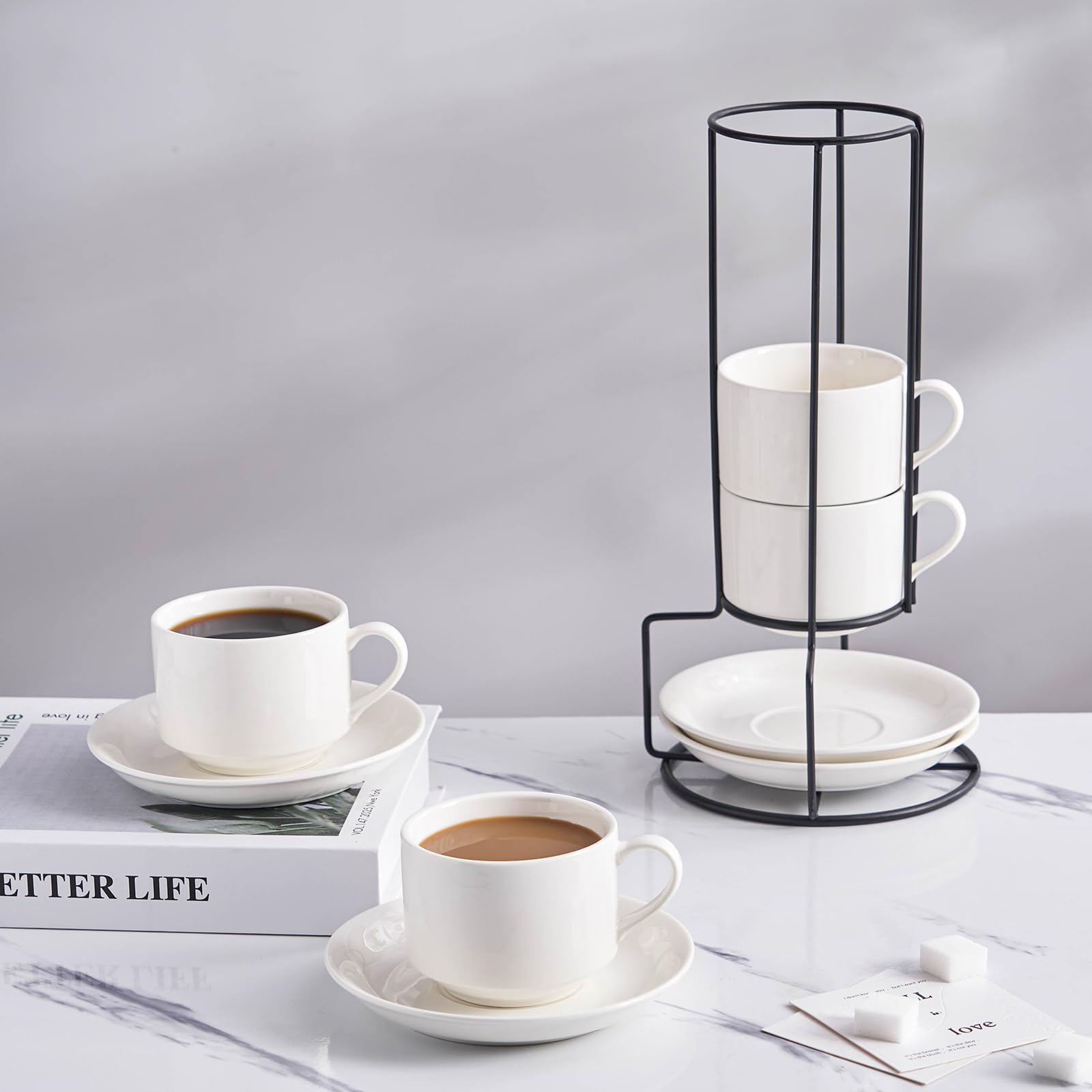 YOLIFE 8oz Porcelain Stackable Cappuccino Cups with Saucers and Metal Stand Set of 4, Coffee cups for Espresso, Specialty Coffee Drinks, Latte, Americano and Tea - White