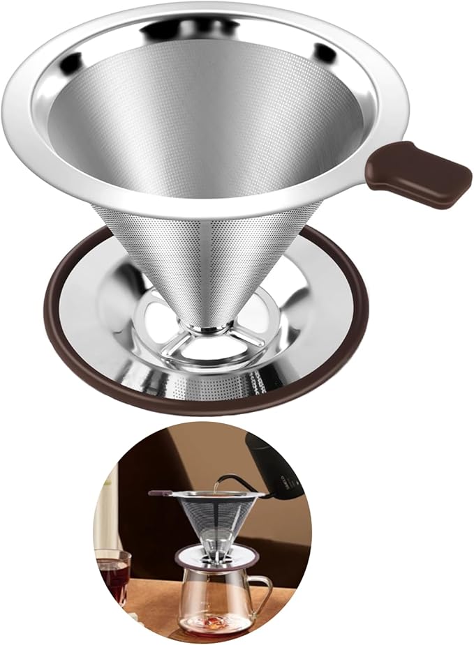 Reusable Paperless Coffee Filter,Coffee Dripper,Professional Stainless Steel Drip Cone Brew Coffee Strainer,Double Micro Mesh Filter,Coffee Filter Mug,Silicone Handle & Non-Slip Silicone Base (S)