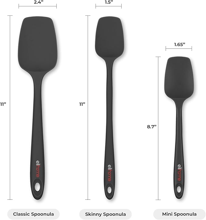 Elihome Skinny Silicone Spoonula - Non-Stick Heat Resistant Silicone Scraper Spatula for Mixing, Serving, Scraping, Stirring, and More - 11 Inch, Black