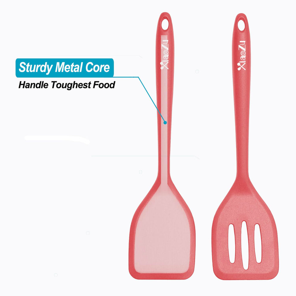 Silicone Spatula Turner Set, High Heat Resistant Spatulas with Seamless One Piece Design, Nonstick Rubber Flippers Utensils for Baking & Cooking,BPA-Free, Red, 11 IN