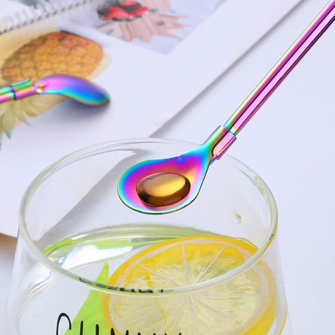 Straw Spoon, 8PCS 8.5inch Rainbow 18/8(304) Stainless Steel Metal Straws Reusable + 2 Brushes