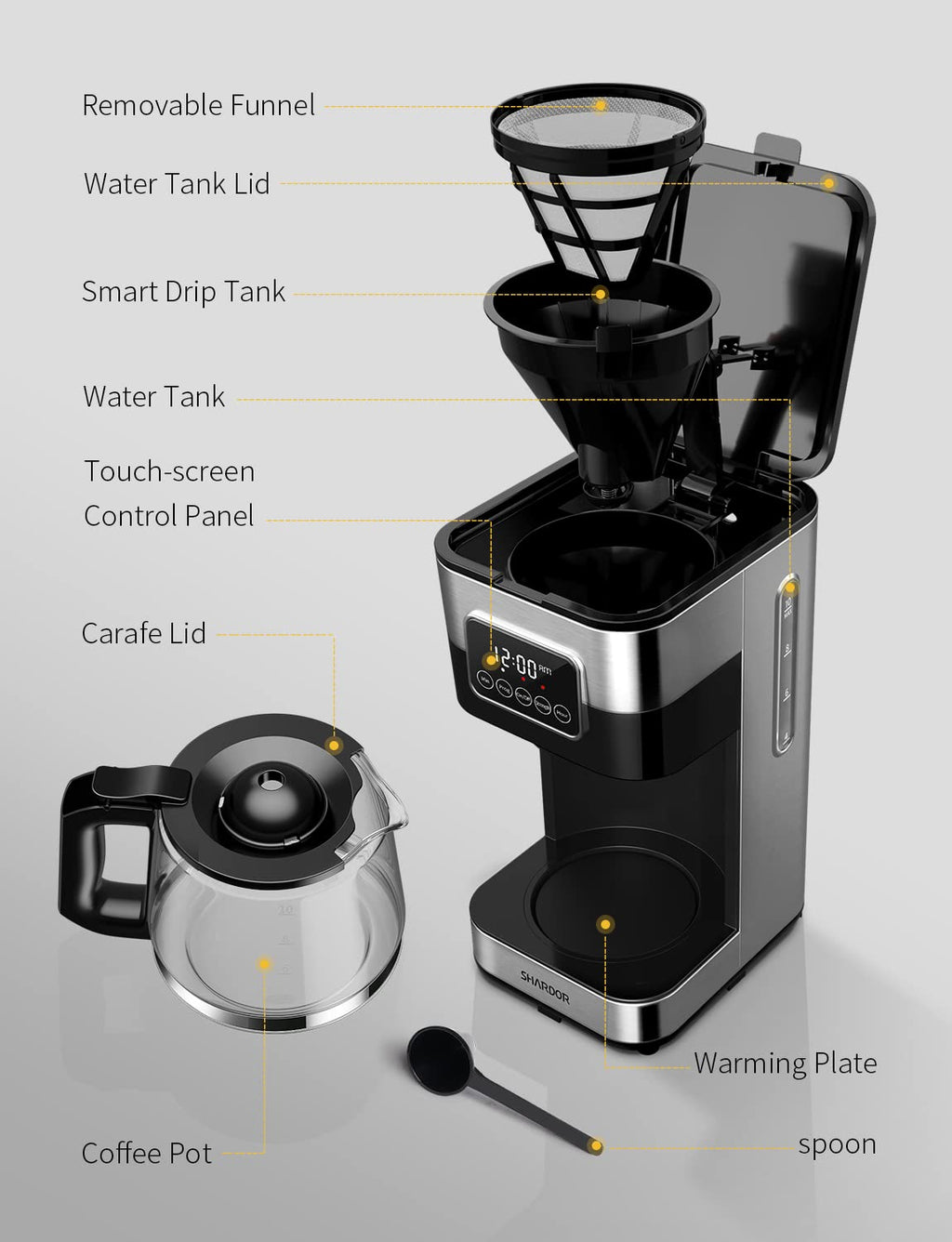 SHARDOR 10-Cup Programmable Coffee Maker, Regular & Strong Brew Drip Coffee Machine for Home and Office, Auto Shut Off, Permanent Filter, Silver