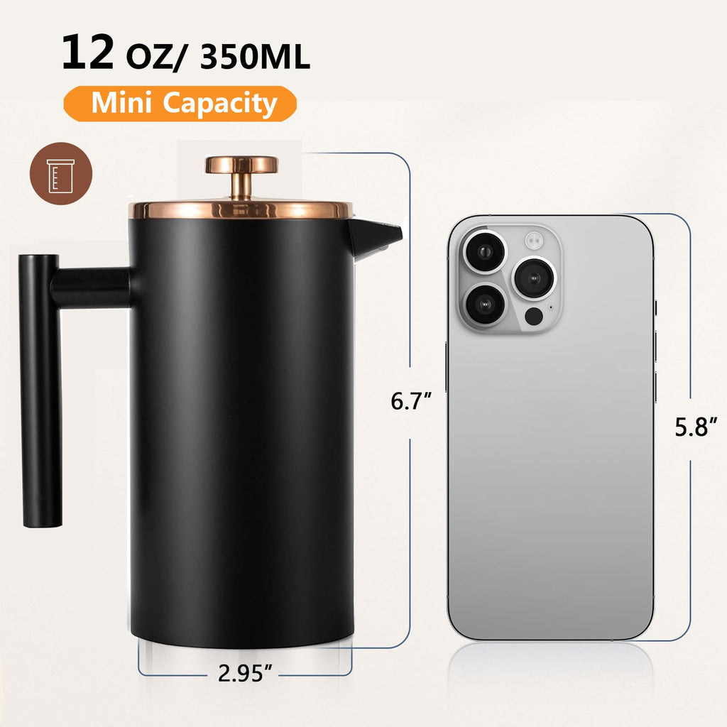 Meelio Small French Press Coffee Maker 350ml/12oz, Black Stainless Steel Double-Wall Insulated, Included 2 Extra Filters and 1 Coffee Spoon (1 Cup)