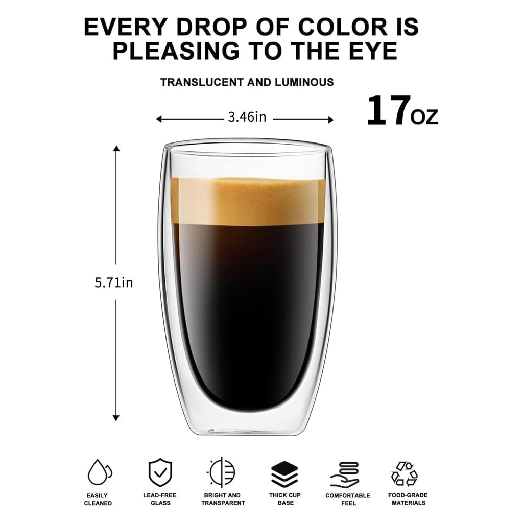 DOPUDO 17oz Double Wall Glass Coffee Mugs Set of 2, Insulated Coffee Mug, Clear Borosilicate Glass Coffee Cups for Cappuccino, Tea, Lightweight and Microwave Safe