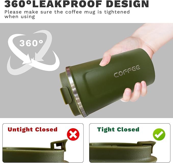 YINBAOGE Insulated Travel Coffee Mug Spill Proof Leak Proof Pobtable To Go Camping Stainless Steel Coffee Tumbler Reusable Coffee Cups with Lids Thermos for Hot and Cold Drink (2nd-Green, 17 OZ)