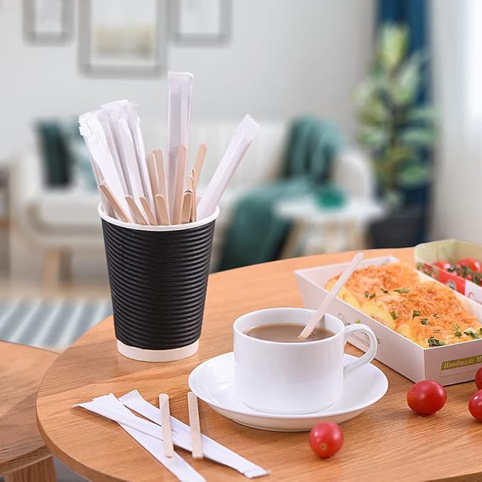 200pcs Individually Wrapped Coffee Stirrers Wood - 5.5" Coffee Stir Sticks, Round End Disposable coffee stirrer, For Coffee, Cocktail and Hot Drinks