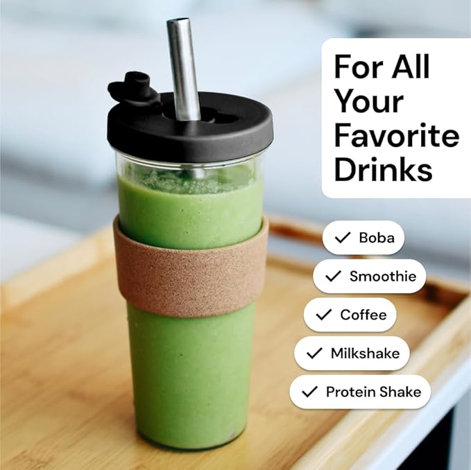 Dodoko Reusable Boba Cup and Straw Boba Tea Cup Bubble Tea Cup Reusable Iced Coffee Cup Cold Coffee Cup Smoothie Cup with Lid and Straw Smoothie Cup to go Smoothie Tumbler 24 oz - Night Black