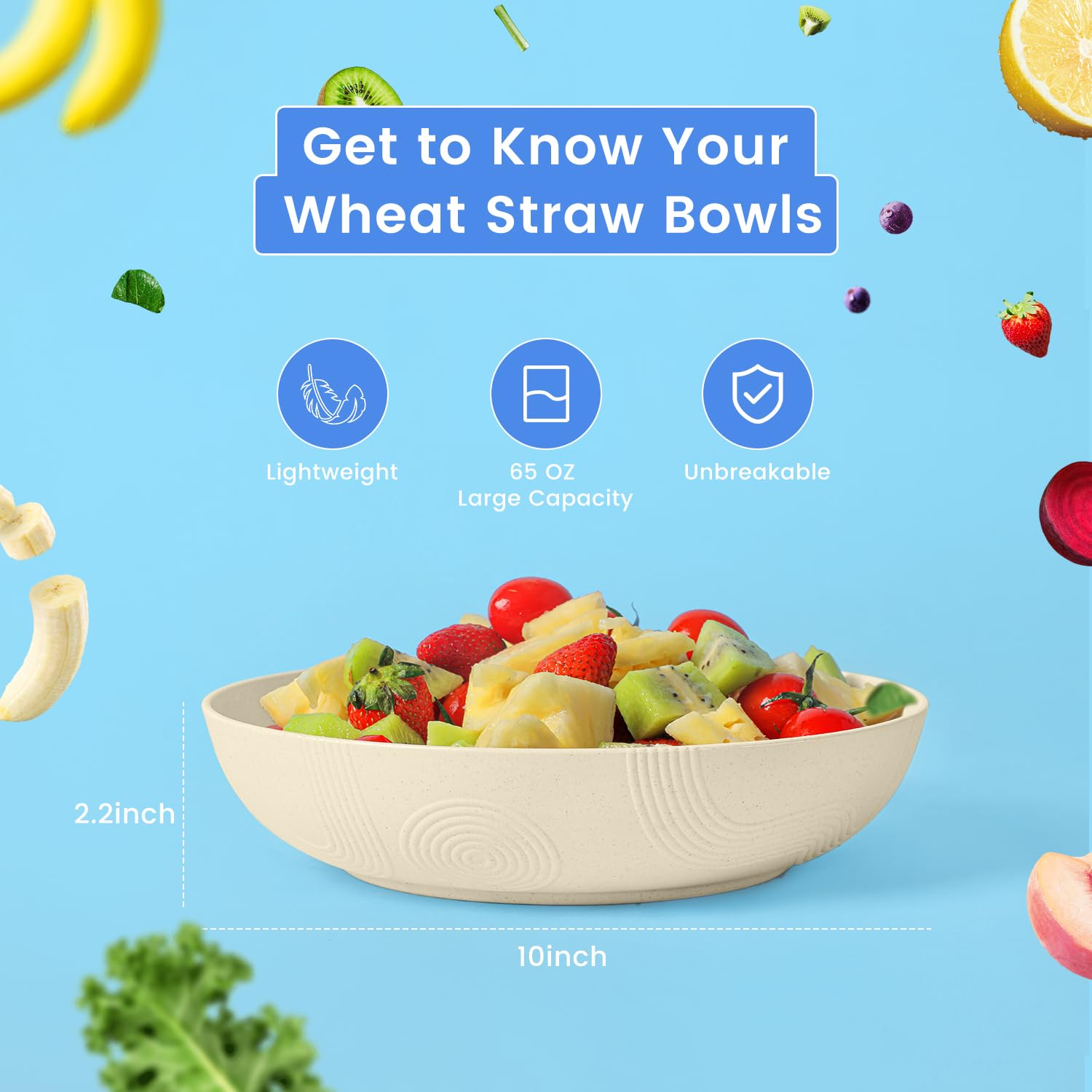 Homienly 65 oz Large Salad Bowls Wheat Straw Big Bowls 10 inch Serving Bowls Wheat Straw Plates Bowl Set of 6 Wide and Shallow Bowl for Kitchen Dishwasher Safe-Beige
