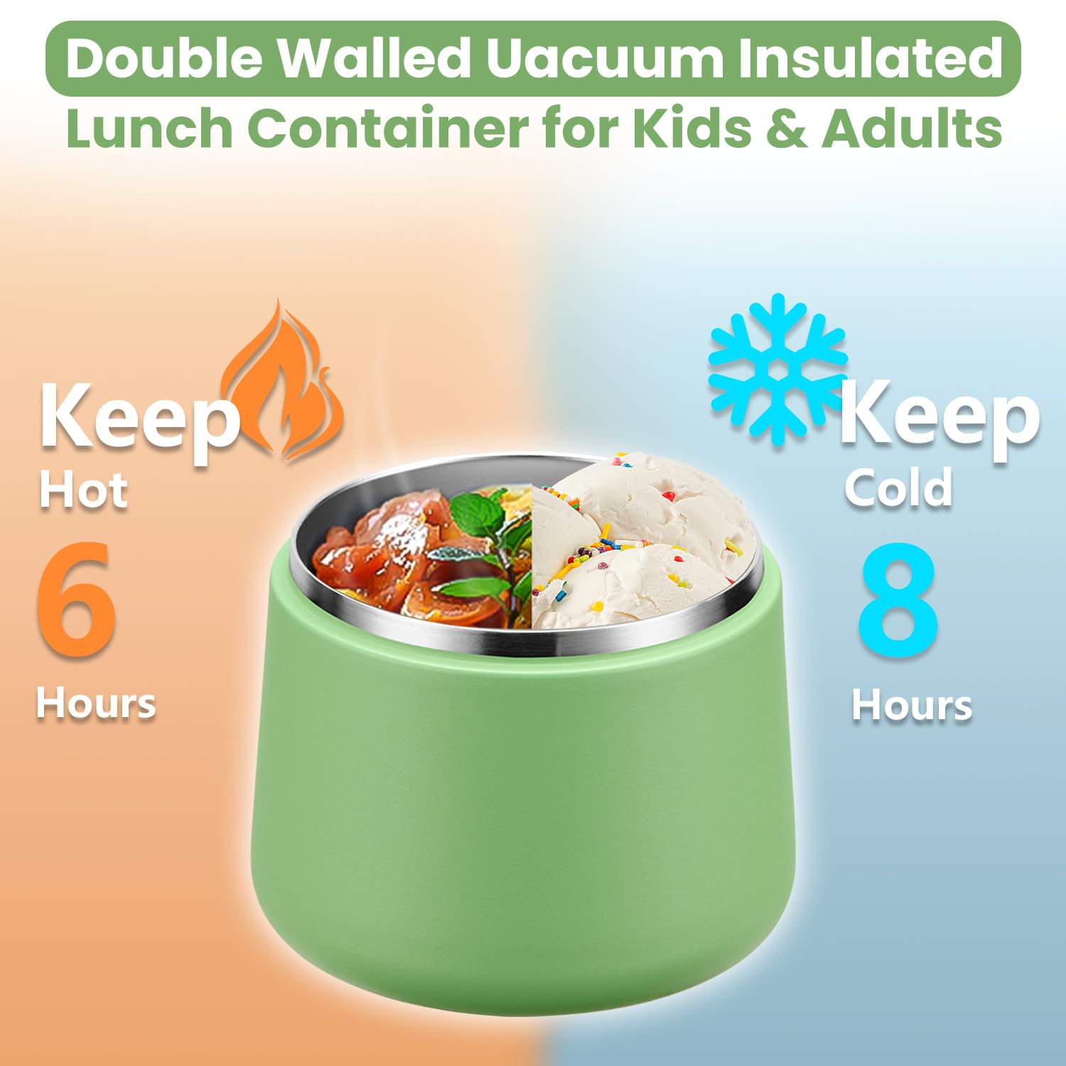 14oz Insulated Vacuum Food Jar with Buckle Lid,Soup Thermo for Hot Food Kids,Wide Mouth Leakproof Stainless Steel Lunch Container with Spoon-Green