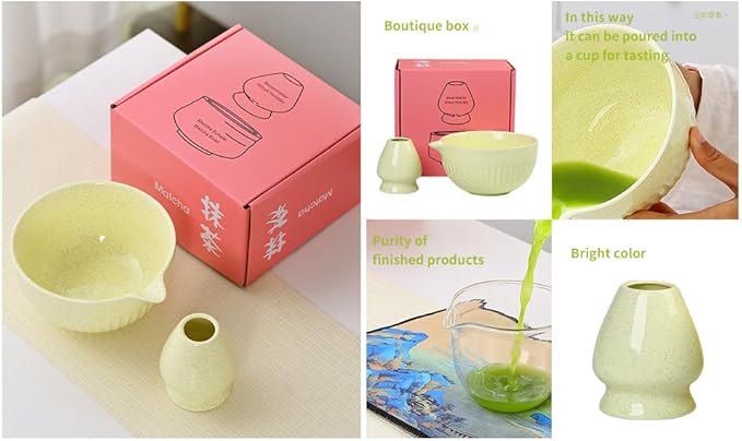 Matcha Tea Set, Glazed Ceramic Bowl and Whisk Holder, Light Yellow, 2-Piece