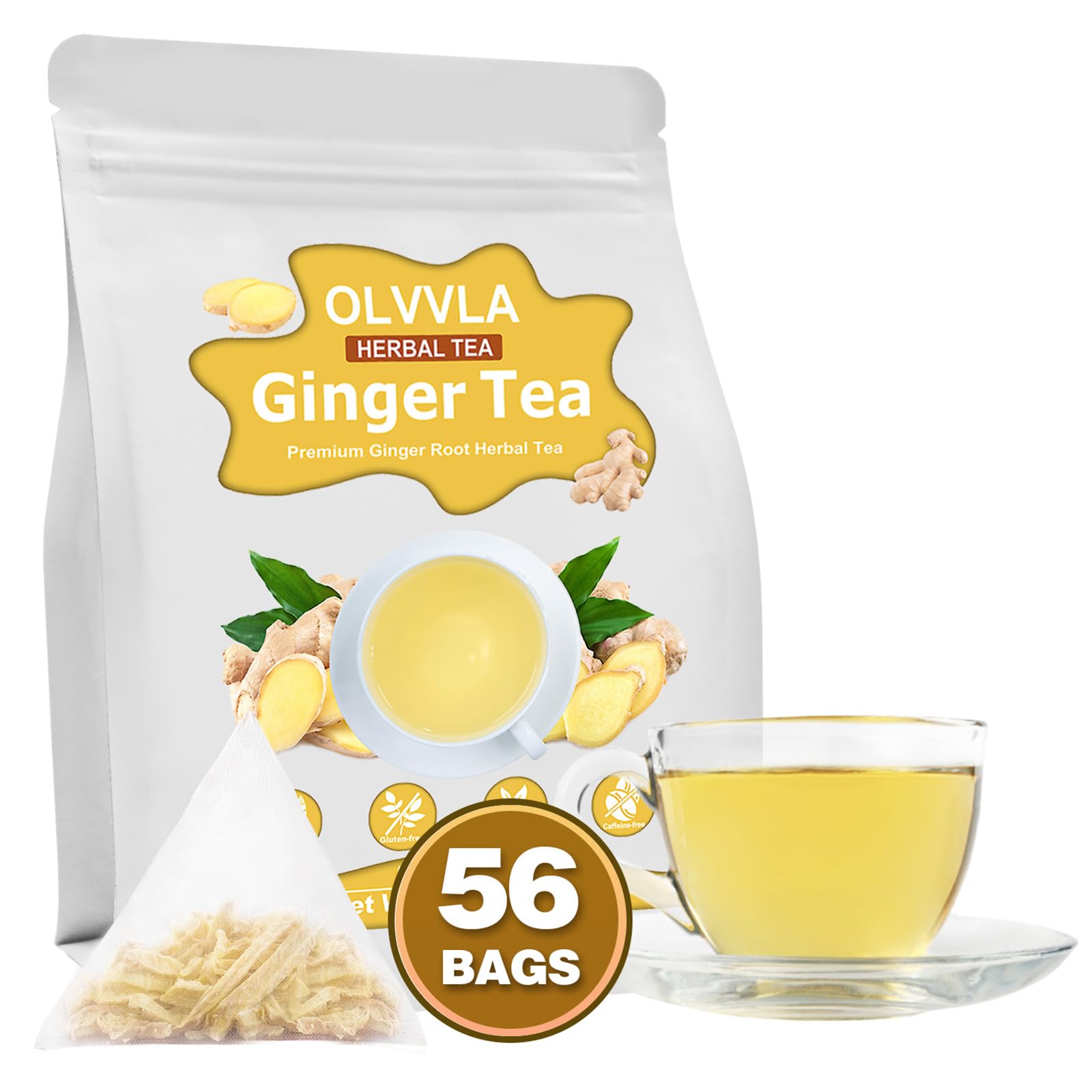 Olvvla - Ginger Tea Bags - 2g X 56 Count - Pure Natural Ginger Root