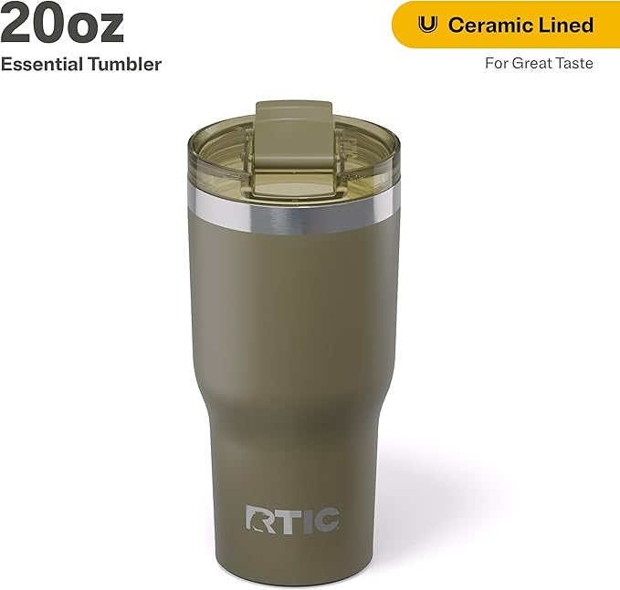 RTIC 20oz Essential Tumbler with Lid, Insulated, Stainless Steel, Metal, Double Wall Vacuum-Insulation, Ceramic Lined, Travel Cup for Iced Coffee, Tea, Hot and Cold Drink, Olive