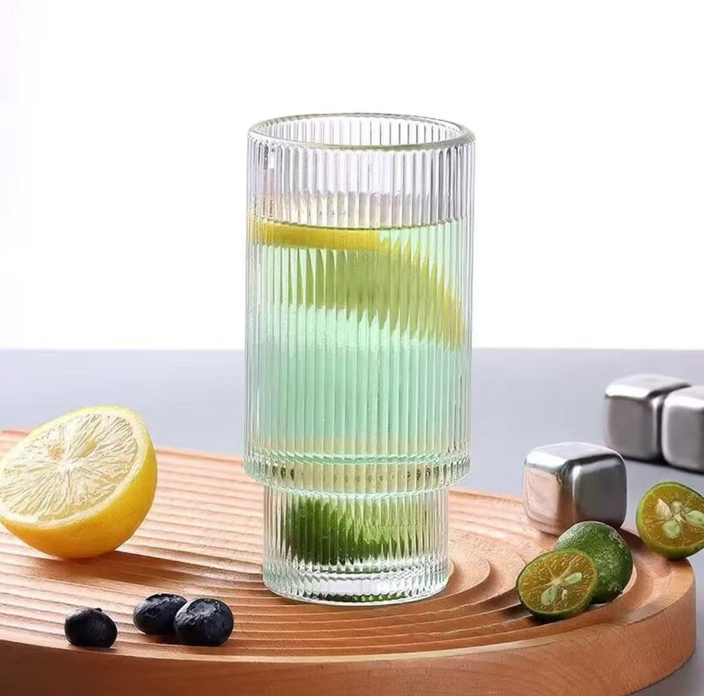 AFINSEA 16OZ Ribbed Glass Cups with Lids and Straws,Iced Coffee Cups with Bamboo Lid,Vintage Glassware for Whiskey Cocktail Beer Fruit Juice Glasses Tumbler(4 Pack)