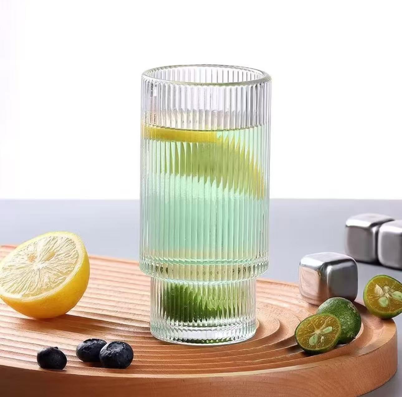 AFINSEA 16OZ Ribbed Glass Cups with Lids and Straws,Iced Coffee Cups with Bamboo Lid,Vintage Glassware for Whiskey Cocktail Beer Fruit Juice Glasses Tumbler(4 Pack)