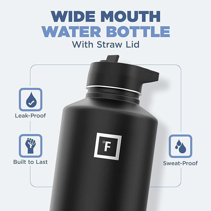 IRON °FLASK Camping & Hiking Hydration Flask with 3 Lids - Stainless Steel, Double Walled & Vacuum Insulated Water Bottle - Leak Proof & BPA Free (Graphite, Straw - 64 oz)