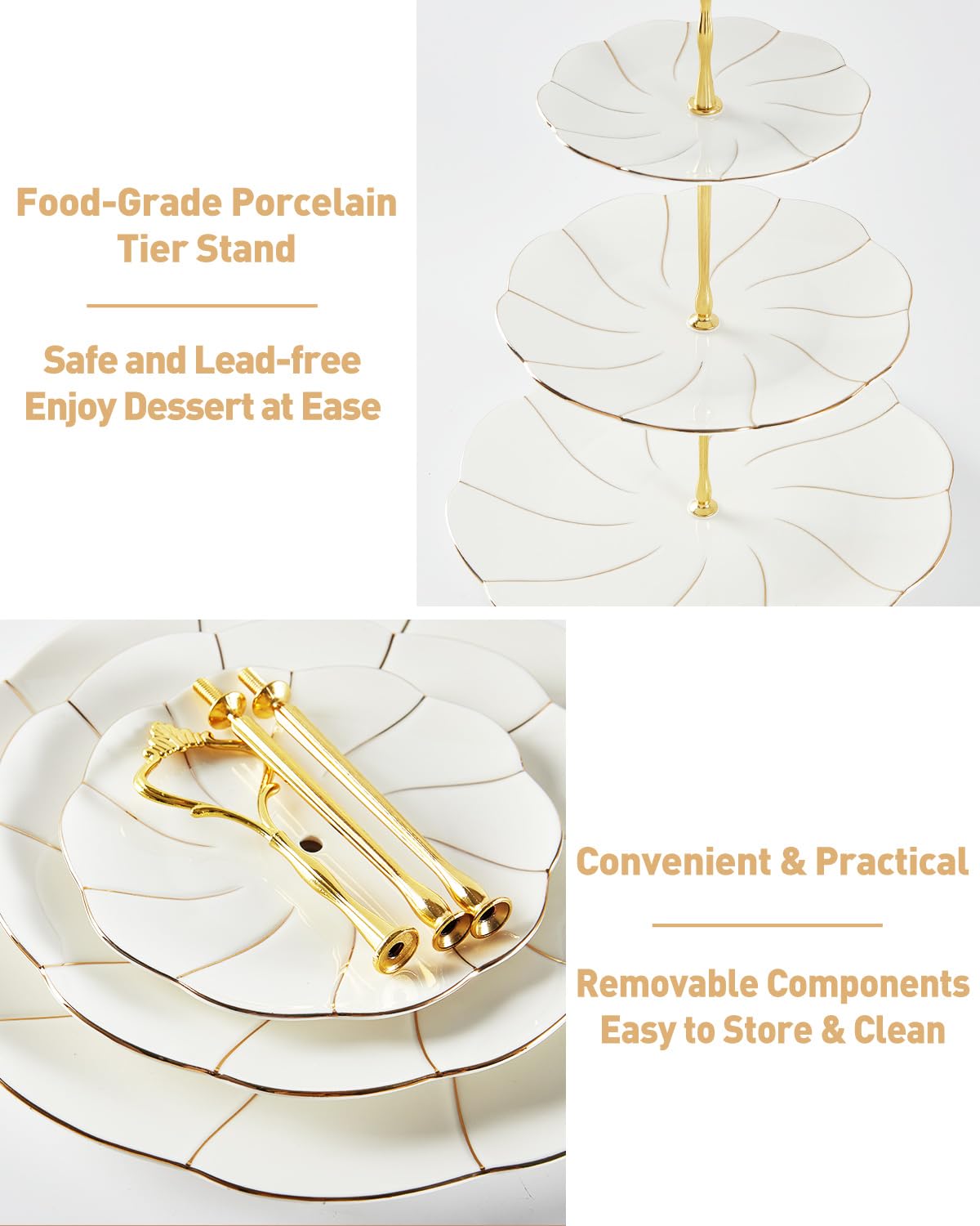 DUJUST Luxury Porcelain 3-Tier Cupcake Stand Tower, British Style Serving Tray with Golden Trim, Food Grade Dessert Display Stand, Beautiful Gift for Tea Party & Home Décor