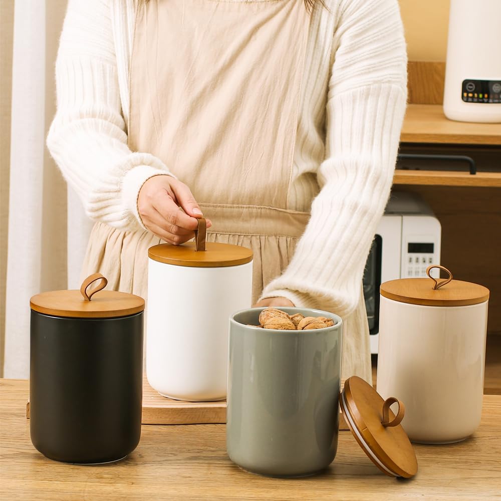 Jueison Ceramic Storage Jars, Modern Airtight Canisters with Wooden Lid (Light grey)