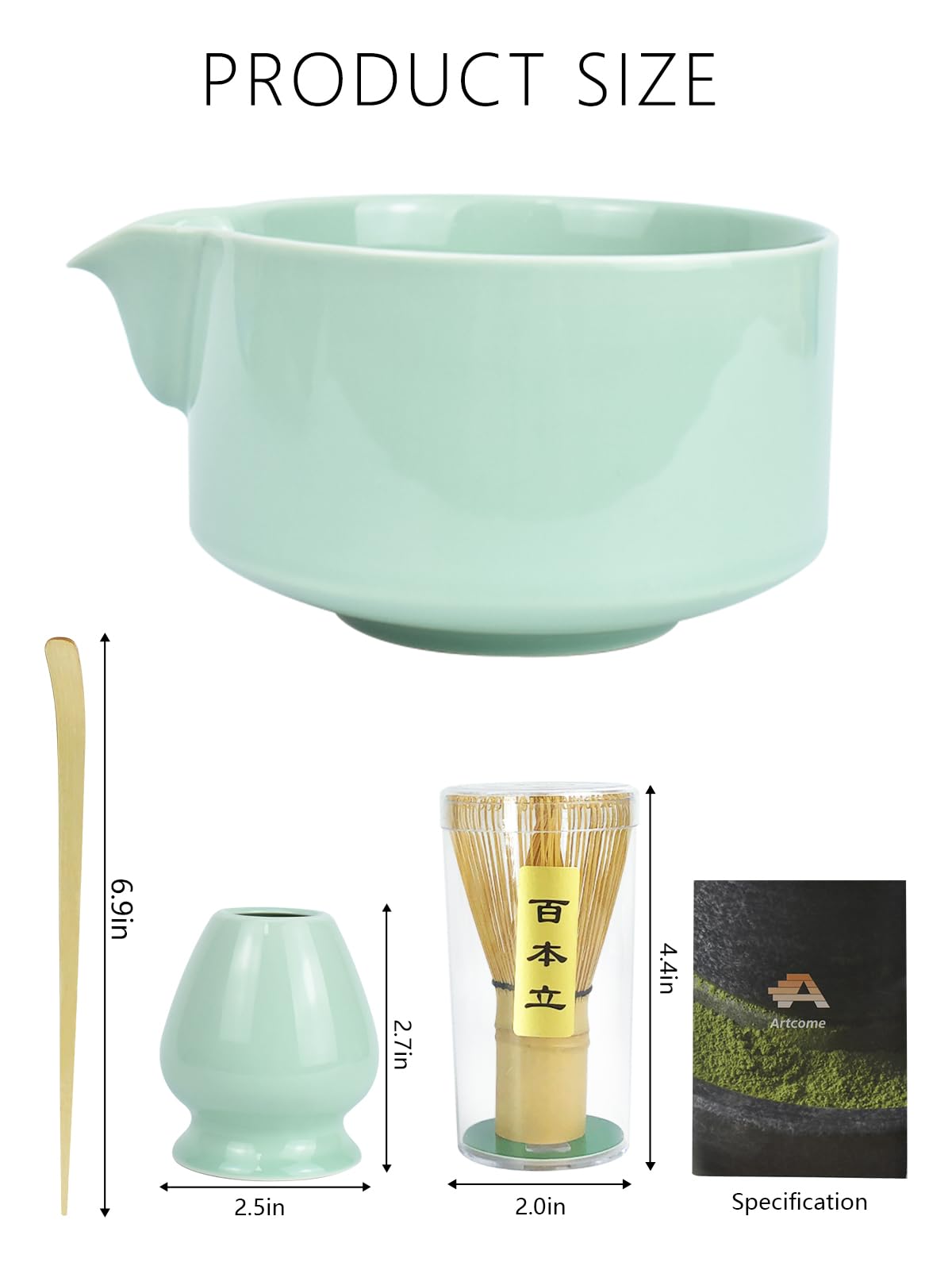 Artcome Premium Matcha Tool Set Green 1, 4 Pcs, Japanese Matcha Set with Bowl, Whisk, Holder, Scoop & Manual