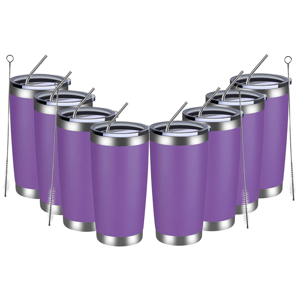 MEWAY 20oz Tumbler 8 Pack Double Wall Vacuum Insulated Travel Mug Bulk, Stainless Steel Tumblers with Lid and Straw, Durable Powder Coated Coffee Cups for Cold & Hot Drinks (Purple, 8)