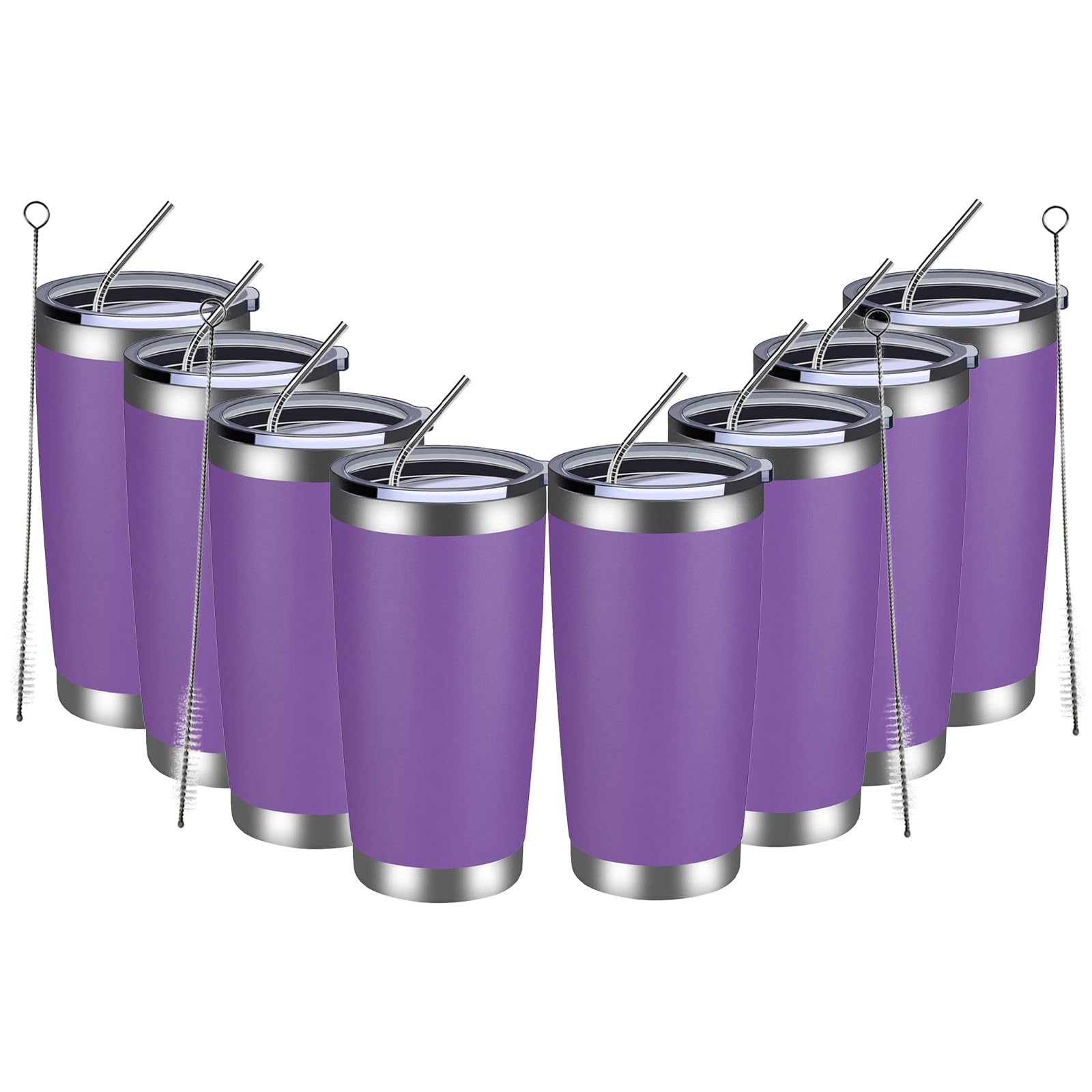 MEWAY 20oz Tumbler 8 Pack Double Wall Vacuum Insulated Travel Mug Bulk, Stainless Steel Tumblers with Lid and Straw, Durable Powder Coated Coffee Cups for Cold & Hot Drinks (Purple, 8)