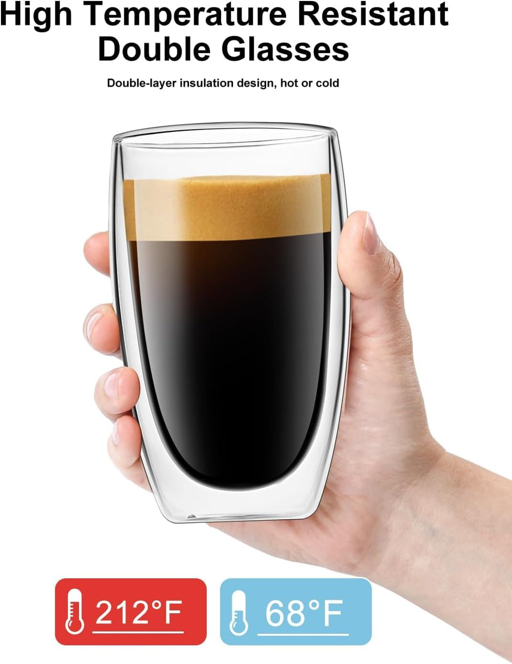 DOPUDO 17oz Double Wall Glass Coffee Mugs Set of 2, Insulated Coffee Mug, Clear Borosilicate Glass Coffee Cups for Cappuccino, Tea, Lightweight and Microwave Safe