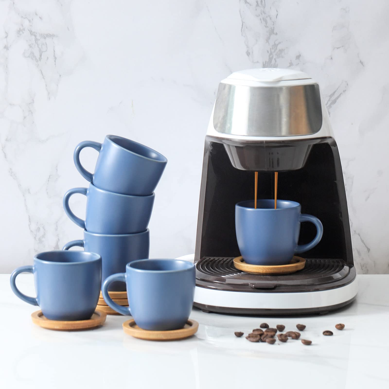 Hasense Espresso Cups and Saucers Set of 6, Demitasse Cups with Handle for Coffee Drinks, Latte, Cappuccino, Cafe Mocha and Tea, 4 Ounce Porcelain Coffee Cups for Coffee Bar Home and Party, Blue