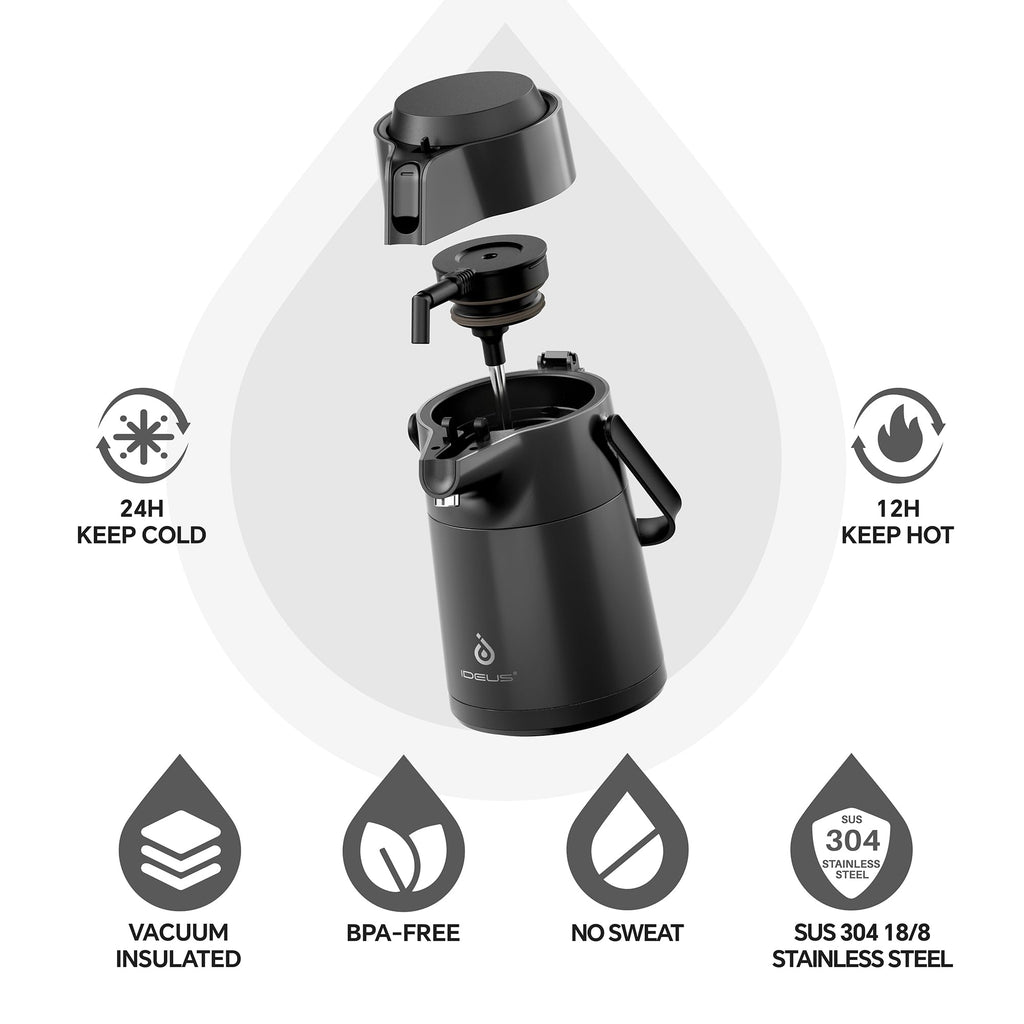 IDEUS Thermal Coffee Carafe 74oz (2,200ml), Stainless Steel Double Wall Insulated Vacuum Flask, Water Jug Coffee Server and Beverage Dispenser, Heat and Cold Retention (Black, 74oz (2,200ml))