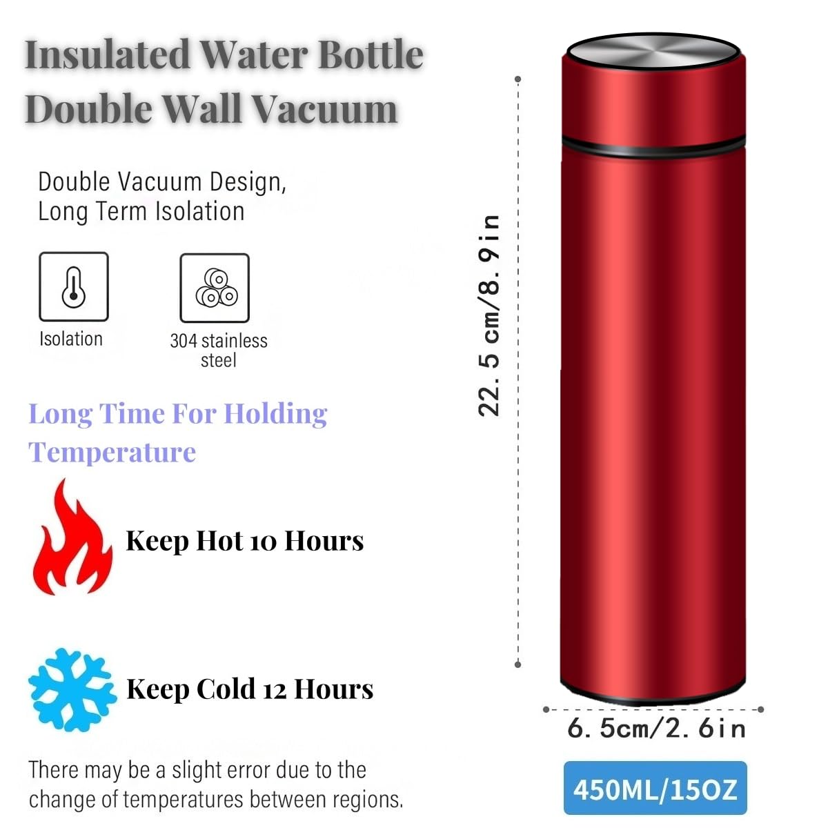 Insulated Water Bottles- Vacuum Tumbler for Coffee, Tea and Drinks with Stainless Steel Infuser - 15 oz Tea Thermo Travel Bottle/Keeps Drinks Hot or Cold for Hours/Gift Packing (Red)