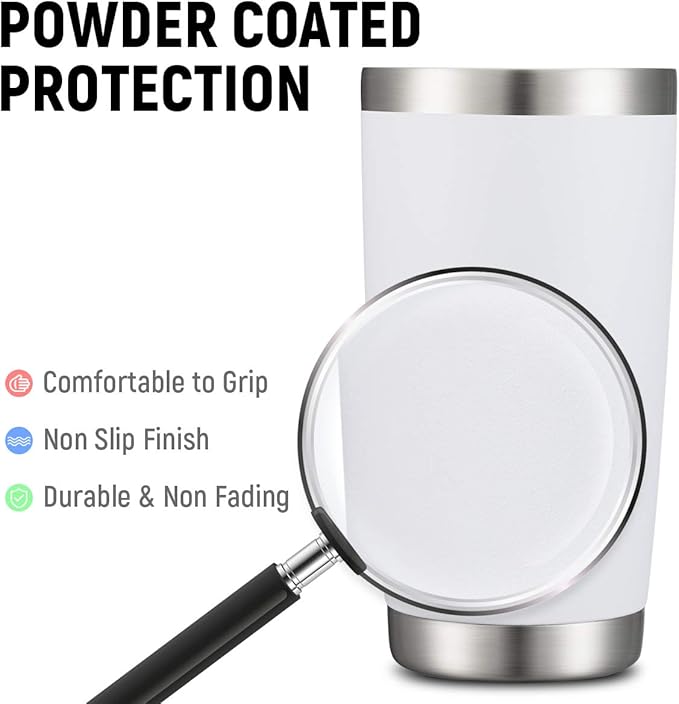 COMOOO 20oz White Tumbler Bulk with Straw Stainless Steel Insulated Coffee Tumbler Cups Double Wall Vacuum Travel Coffee Mug with Splash Proof Sliding Lid for Hot Cold Drinks (White, 4 Pack)
