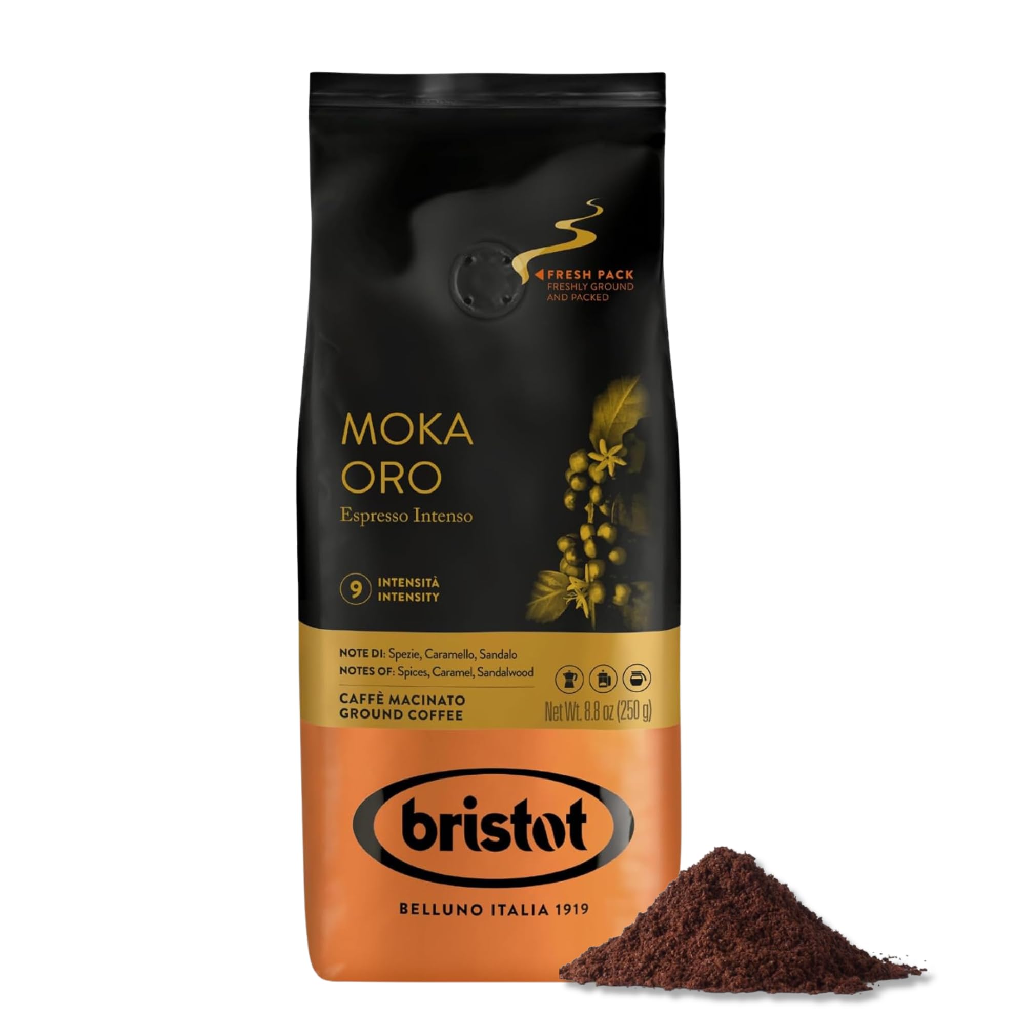 Bristot Moka Oro Ground Coffee – Italian Espresso – Medium Roast – Notes of Spices, Caramel & Sandalwood – For Moka, French Press, Pour Over – 8.8oz (250g)