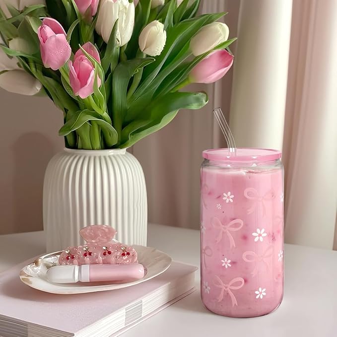 SANDJEST Bow Glass Can, Bows Cup with Lid & Straw, Iced Coffee Aesthetic Cups, Idea Gift for Christmas Birthday Mother Day, Gifts for Women, 16oz