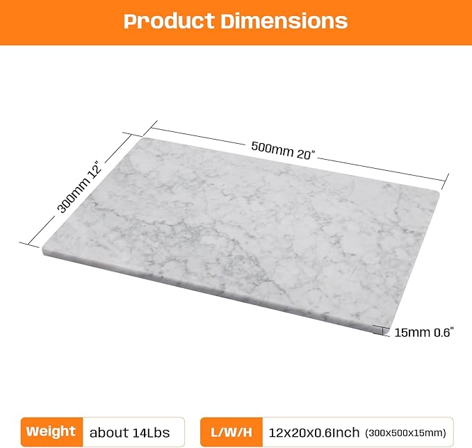 Natural Carrara White Marble Pastry and Cutting Board, 12x20x0.6 Inch, Heavy for Dough Chocolate, Pack of 1