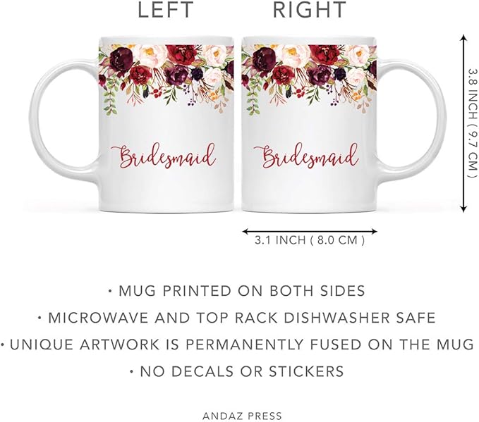 Andaz Press 11oz. Wedding Ceramic Coffee Tea Mug Gift, Fall Autumn Marsala Burgundy Flowers Roses Florals, Bridesmaid, 1-Pack, Includes Gift Box