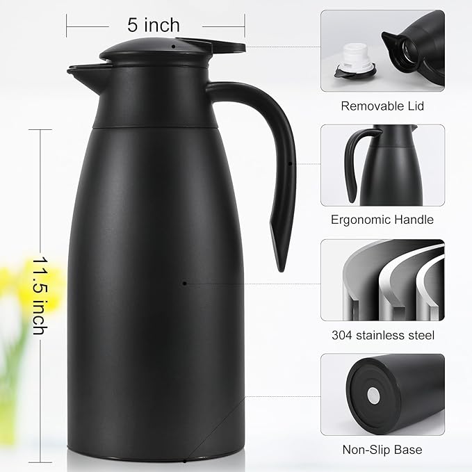 70 oz Thermal Coffee Carafe, Updated 2 PCS Insulated Stainless Steel Coffee Carafes for Keeping Hot Coffee & Water Hot Beverage-12Hours, Double Walled Vacuum Coffee Carafe(Black+Red)
