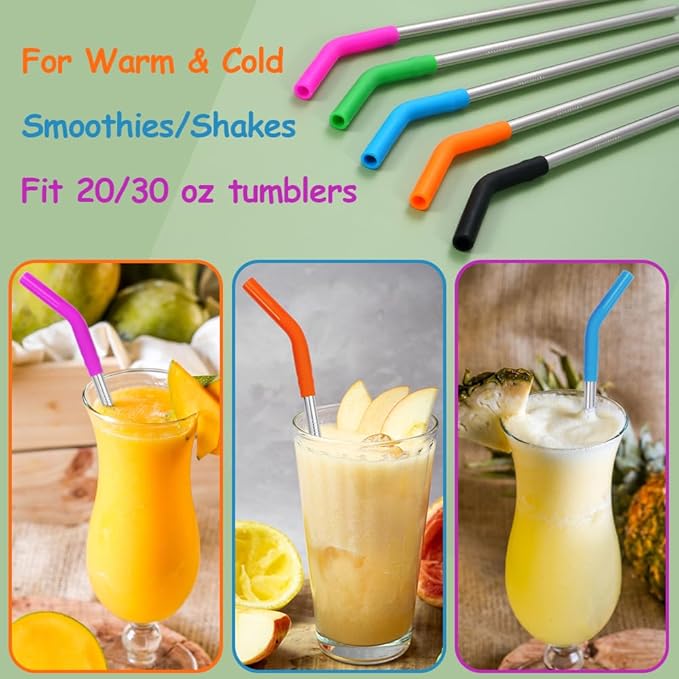 Lazycorner Reusable Stainless Steel Straws Metal Straw with Silicone Tip 5 Pcs 8mm Wide for 20/30/32oz Tumblers Smoothies and Shakes with 2 Cleaning Brushes,1 Portable Bag (Silver)