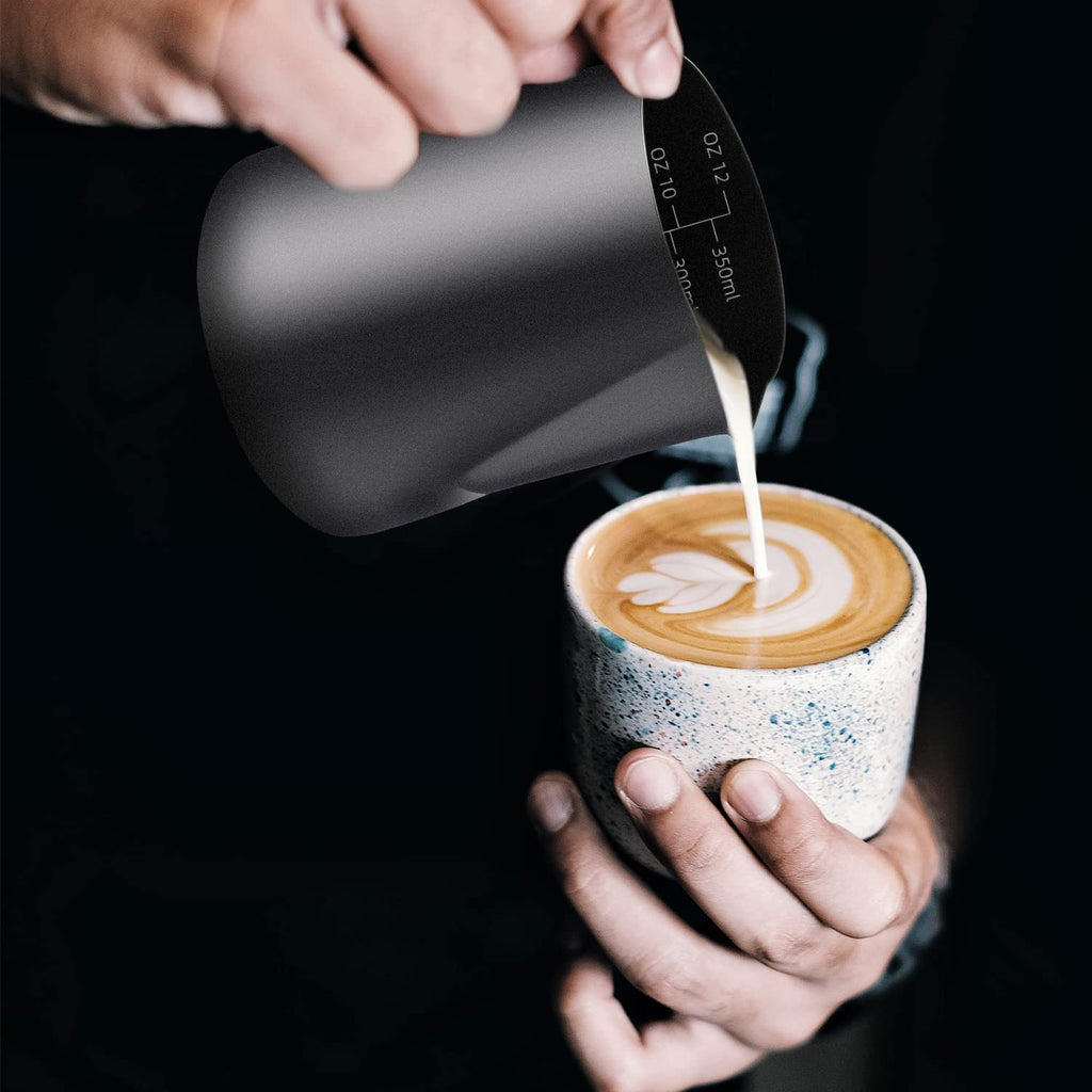 Milk Frothing Pitcher, 12OZ/350ML Stainless Steel Espresso Steaming Pitcher Coffee Milk Frother Cup with Decorating Art Pen for Espresso Machine, Milk Frother, Latte Art Black