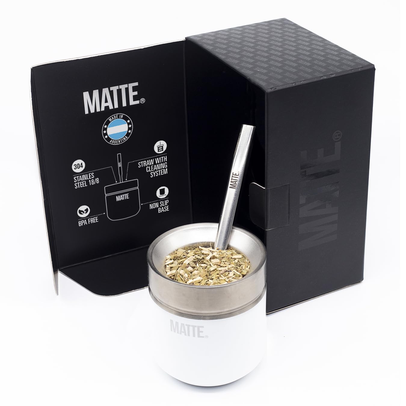 Matte 6.5 oz Yerba Mate Gourd and Bombilla Set - Includes DS Pro Box - BPA Free Yerba Mate Set Kit with Mate Straw, Elegant Design, Non-Slip Base (White)
