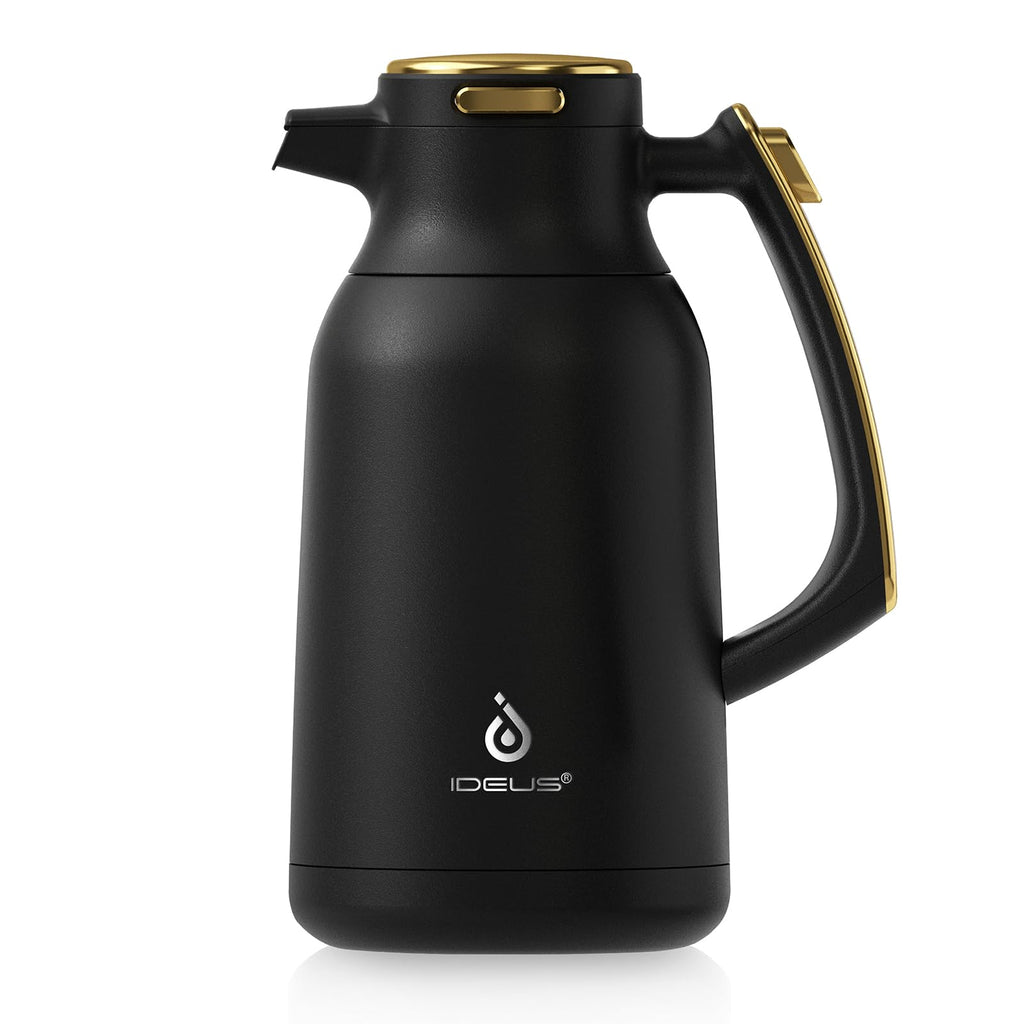 IDEUS Thermal Coffee Carafe, Stainless Steel Double Wall Insulated Vacuum Flask, Water Jug Coffee Server and Beverage Dispenser, Heat and Cold Retention (Black-Gold, 68, Fluid Ounces)