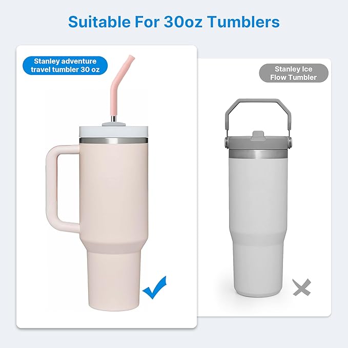 Metal Straw with Silicone Tip for 30oz Stanley Cup, 2 Pcs Stainless Steel Straws Replacement for Stanley 30 oz Adventure Quencher Travel Tumbler Cup, 1 Straw Brush (Light Pink)