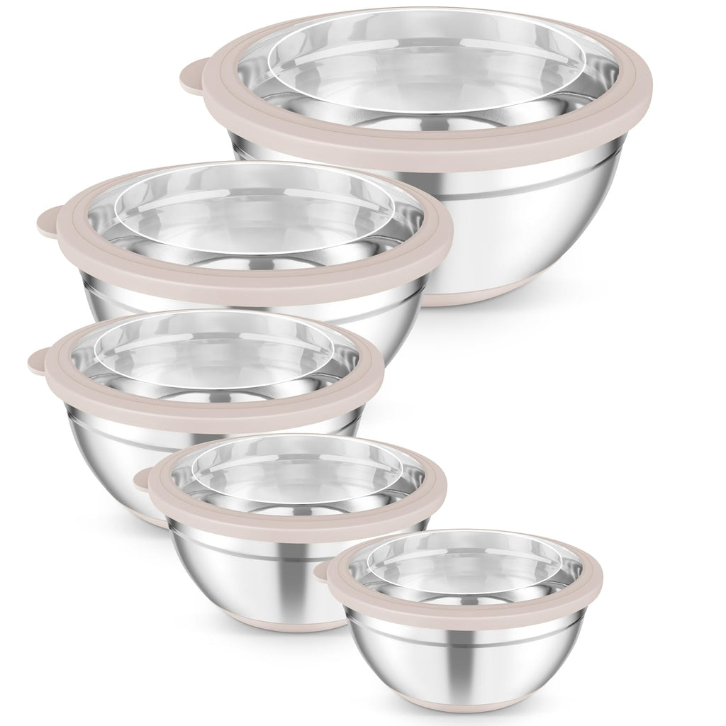 TeamFar Mixing Bowls, Salad Bowls with Transparent Airtight Lids, Khaki